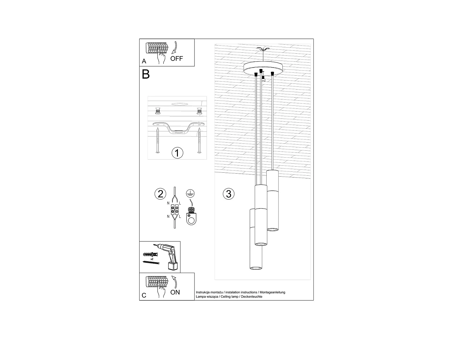 Lampes suspendues Lume moderne en acier/béton - 3 sources lumineuses 3000K - L.20 x H.110 cm - blanc/gris