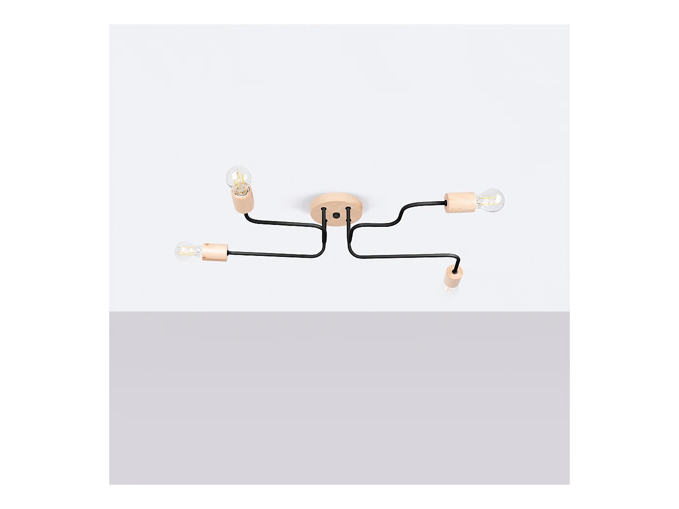 Lustre Zimbo grenier en acier/bois - 4 sources lumineuses 3000K - L.75 x H.16,5 cm - noir/bois naturel