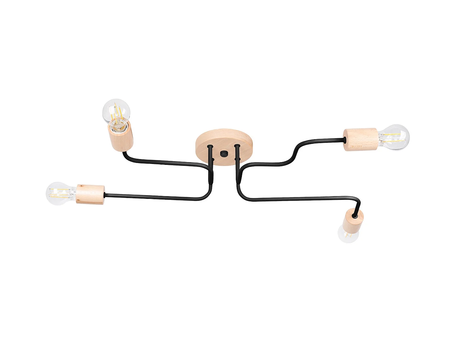 Lustre Zimbo grenier en acier/bois - 4 sources lumineuses 3000K - L.75 x H.16,5 cm - noir/bois naturel