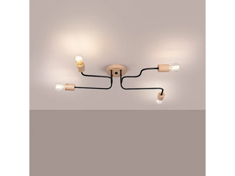 Kroonluchter Zimbo zolder van  - 4 lichtbronnen 3000K - L.75 x H.16,5 cm - zwart/natuurlijk hout