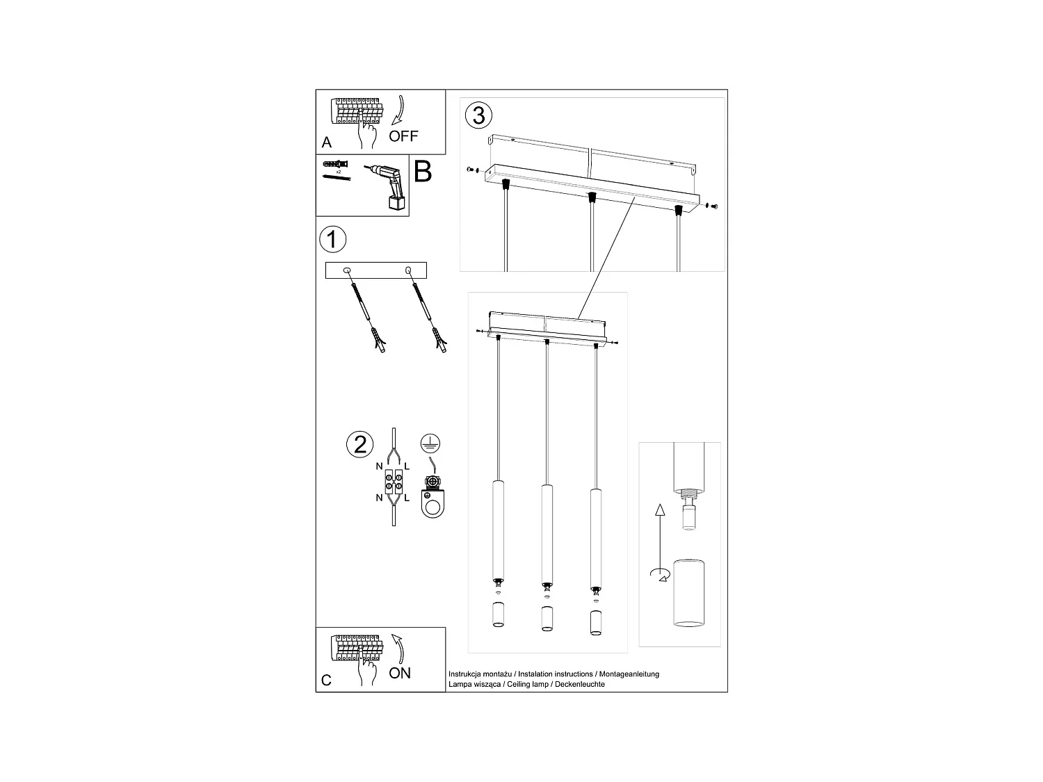 Lampes suspendues Eclim moderne en acier/verre - 3 sources lumineuses 4000K - L.45 x H.120 cm - noir