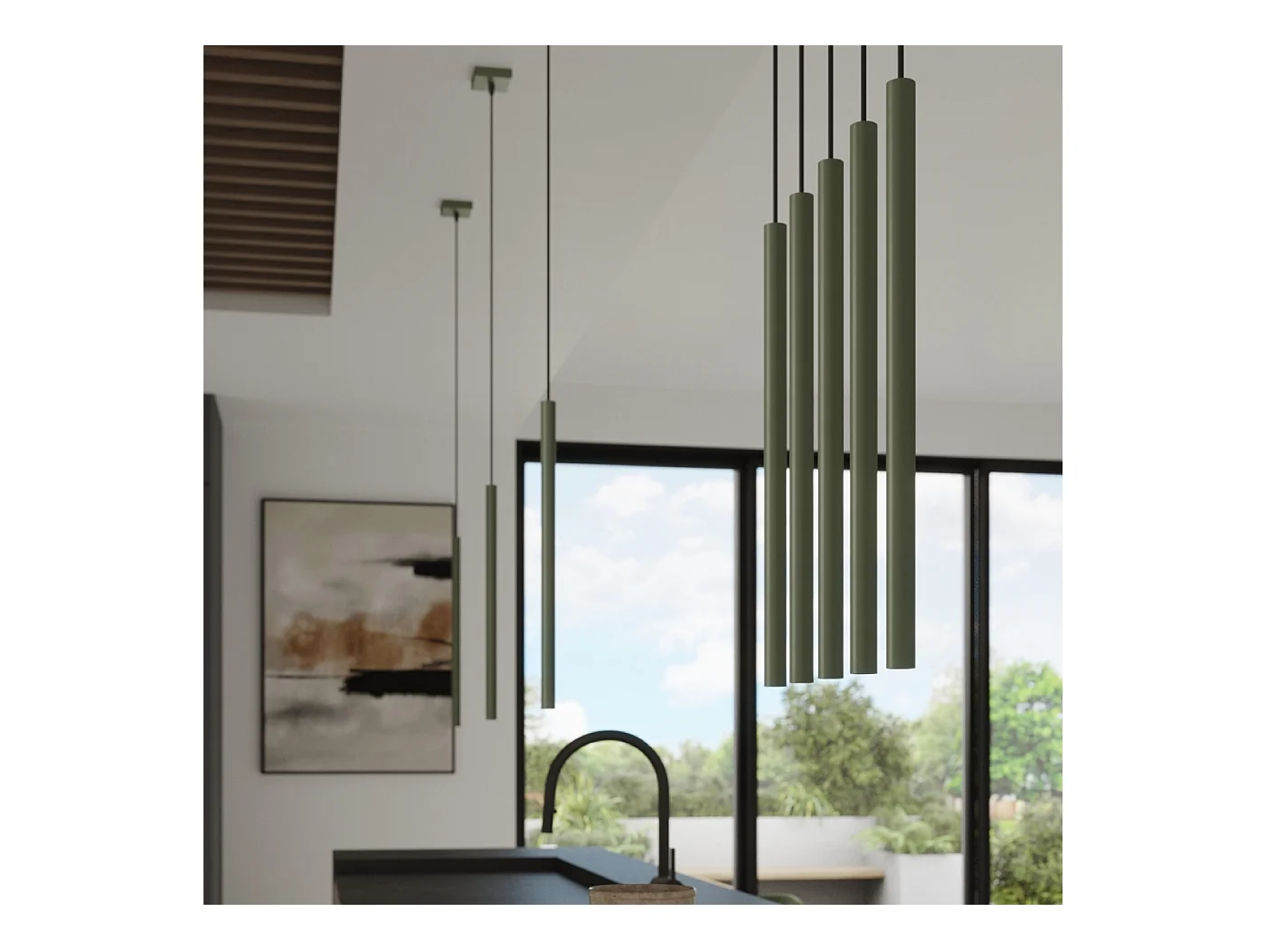 Lampada a sospensione Brill moderno di acciaio - 5 sorgenti luminose 4000K - L.25 x A.104 cm - verde oliva