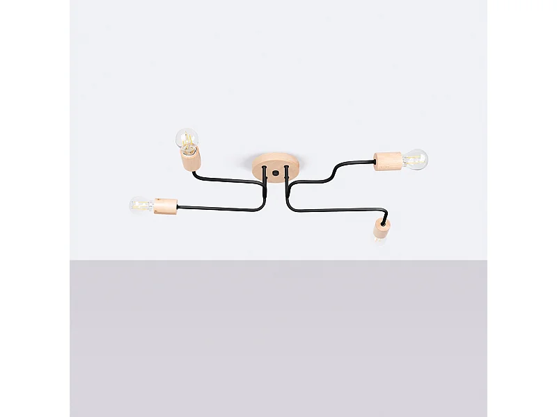 Lustre Zimbo grenier en acier/bois - 4 sources lumineuses 4000K - L.75 x H.16,5 cm - noir/bois naturel