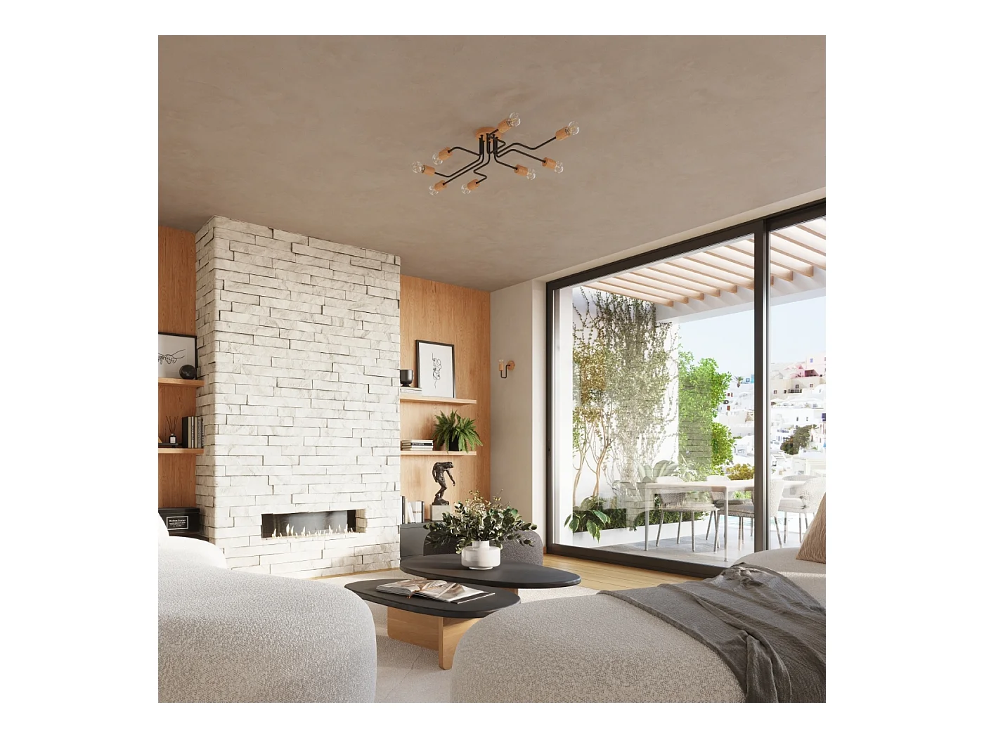 Kronleuchter Zimbo Dachboden aus  Stahl/Holz - 4 lichtquellen 4000K - L.75 x H. cm - schwarz/Naturholz