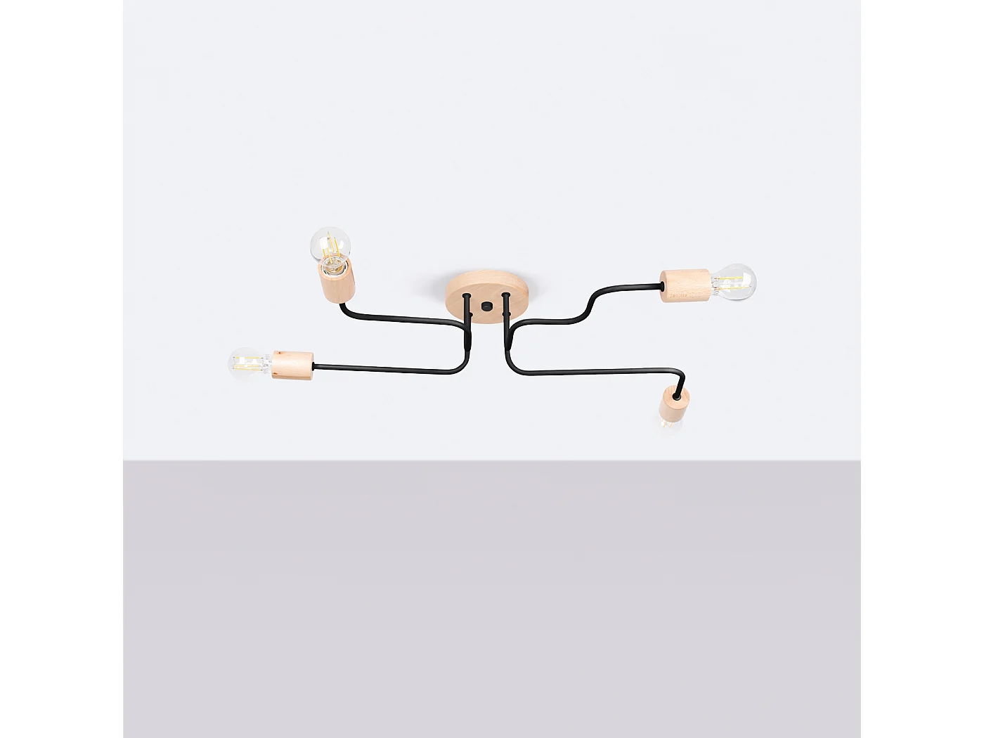 Lustre Zimbo grenier en acier/bois - 4 sources lumineuses 4000K - L.75 x H.16,5 cm - noir/bois naturel