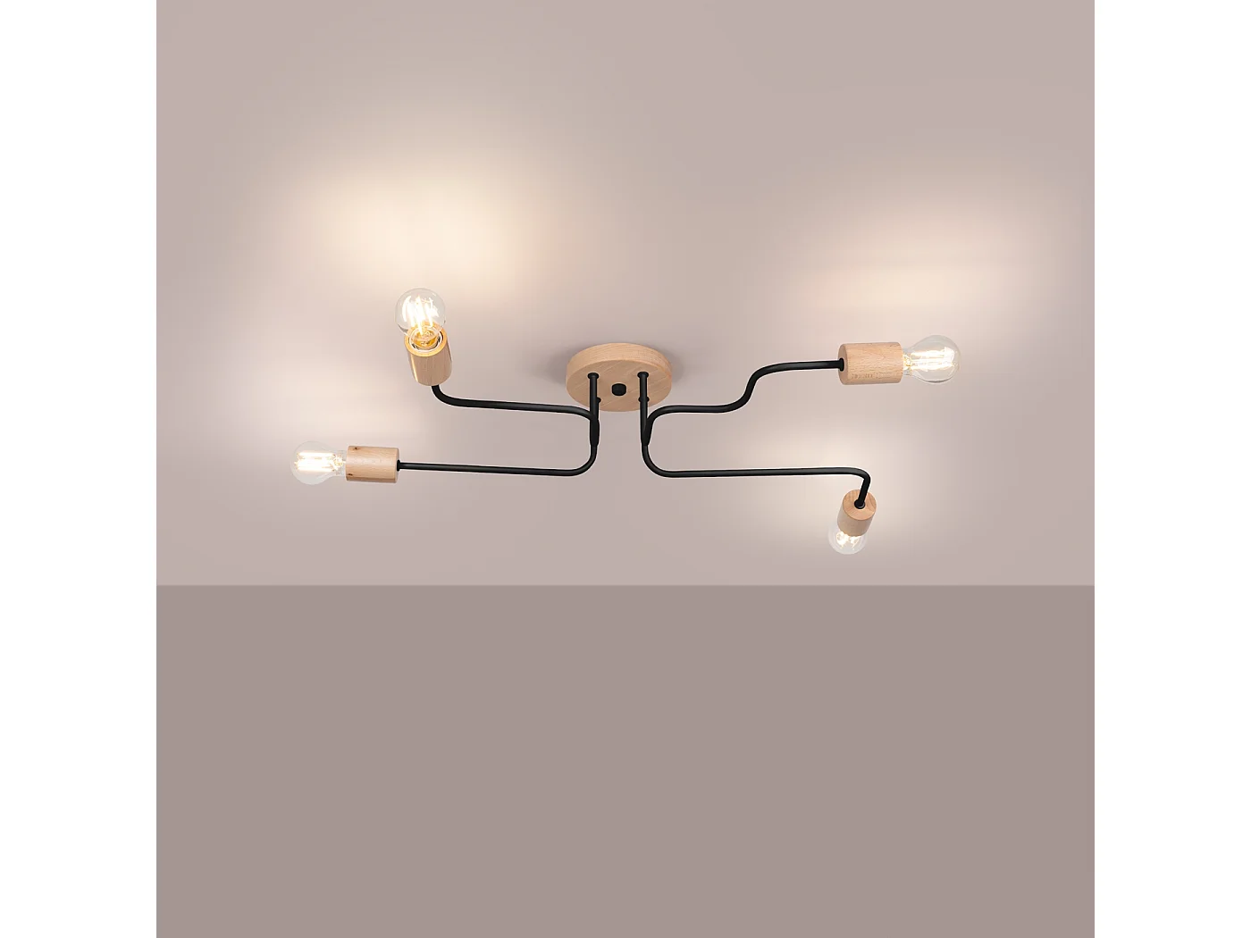 Lustre Zimbo grenier en acier/bois - 4 sources lumineuses 4000K - L.75 x H.16,5 cm - noir/bois naturel