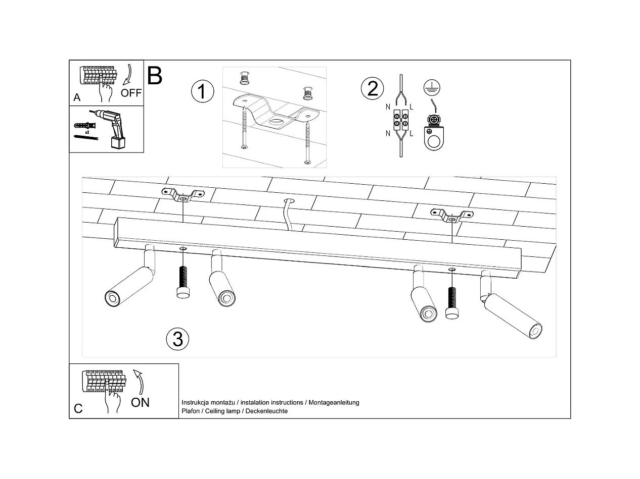 Plafondlampen Astix modern van  - 4 lichtbronnen 3000K - L.60 x H.20 cm - zwart