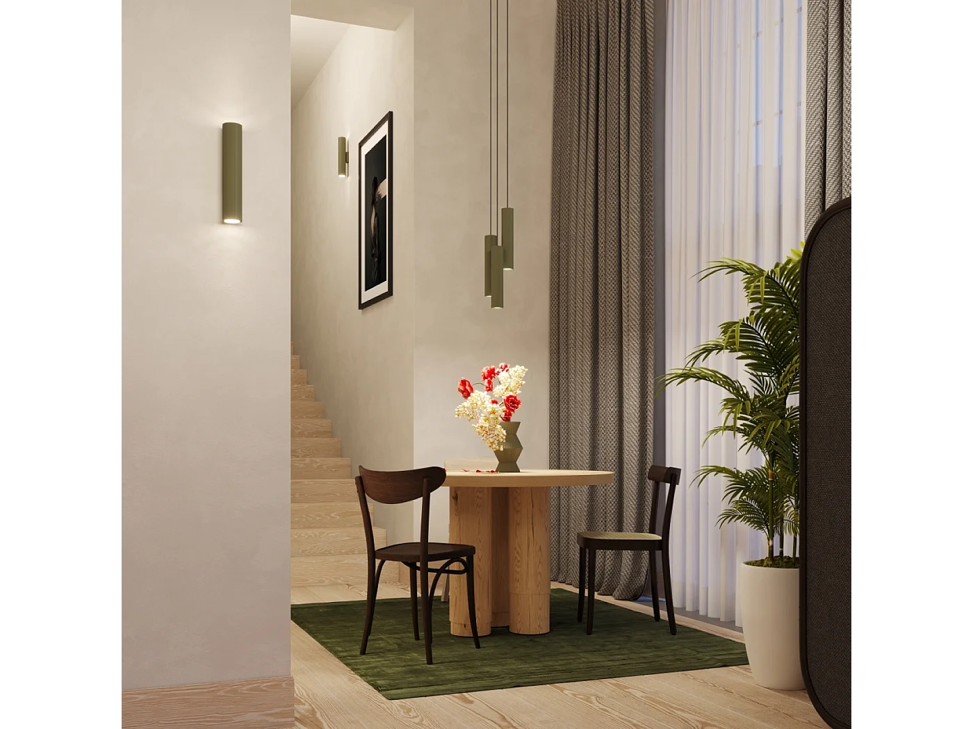 Lampe à suspension Toris grenier en acier - 3 sources lumineuses 3000K - L.45 x H.98 cm - vert olive