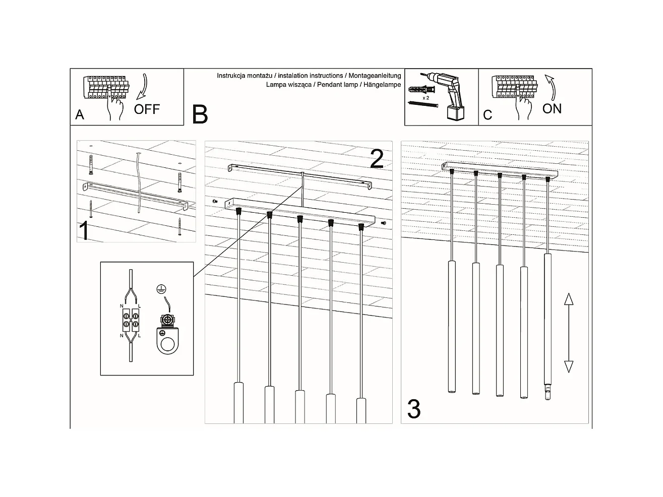 Lampy wiszące nowoczesny Brill, stal - 5 źródło światła 3000K - L.45 x H.90 cm - czarny