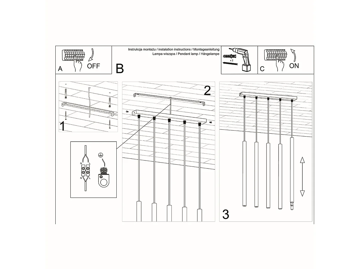 Lampes suspendues Brill moderne en acier - 5 sources lumineuses 3000K - L.45 x H.90 cm - noir
