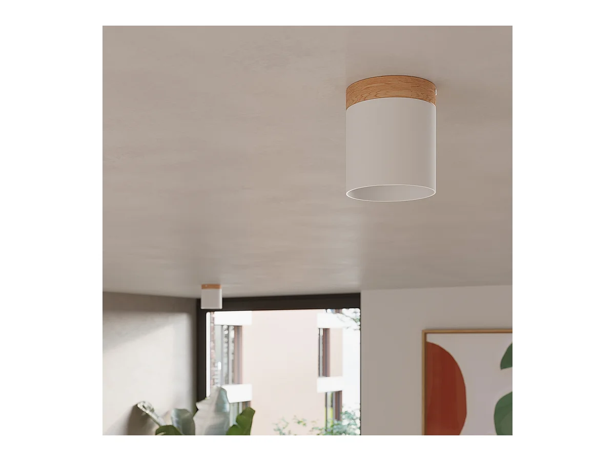 Plafonnier Zyn scandinave en bois/aluminium - 1 sources lumineuses 3000K - L.12 x H.14 cm - blanc/bois naturel