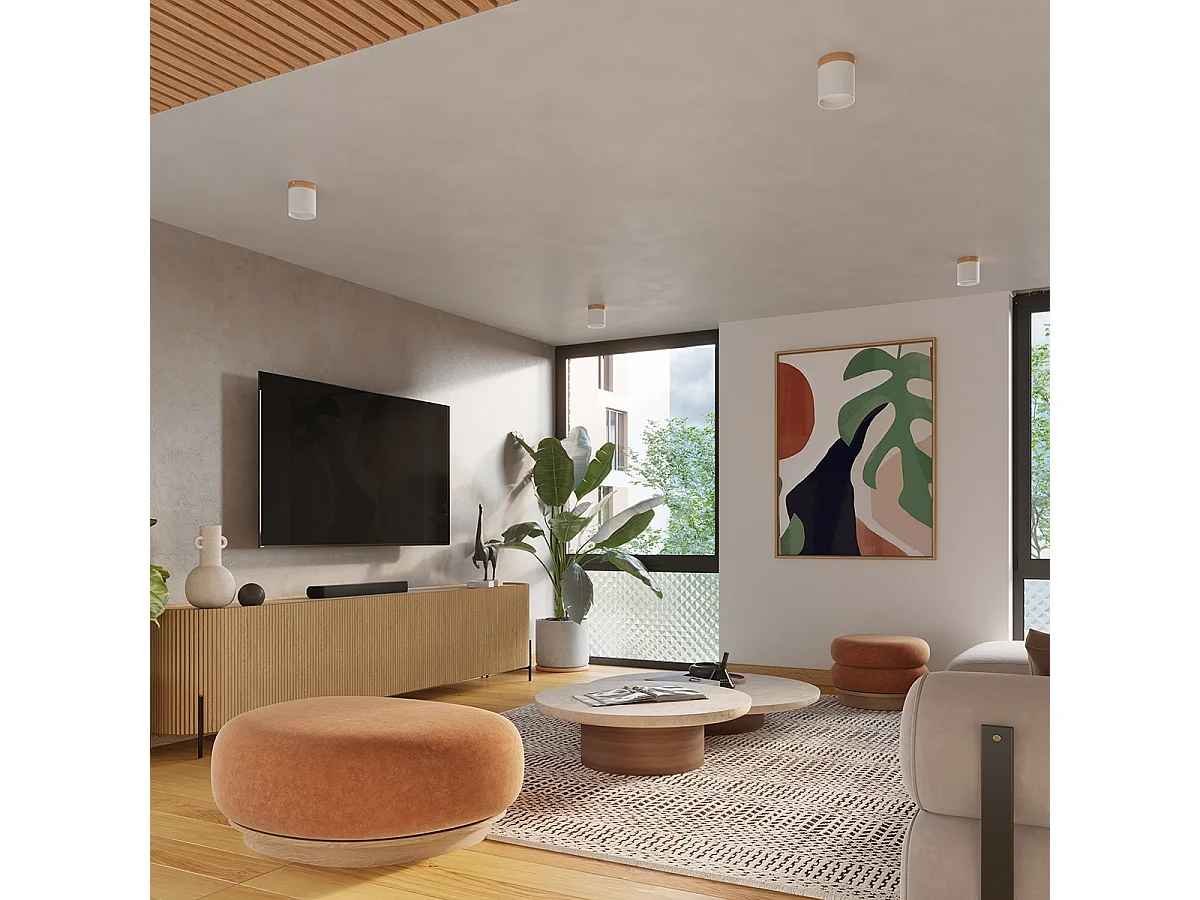 Plafonnier Zyn scandinave en bois/aluminium - 1 sources lumineuses 3000K - L.12 x H.14 cm - blanc/bois naturel