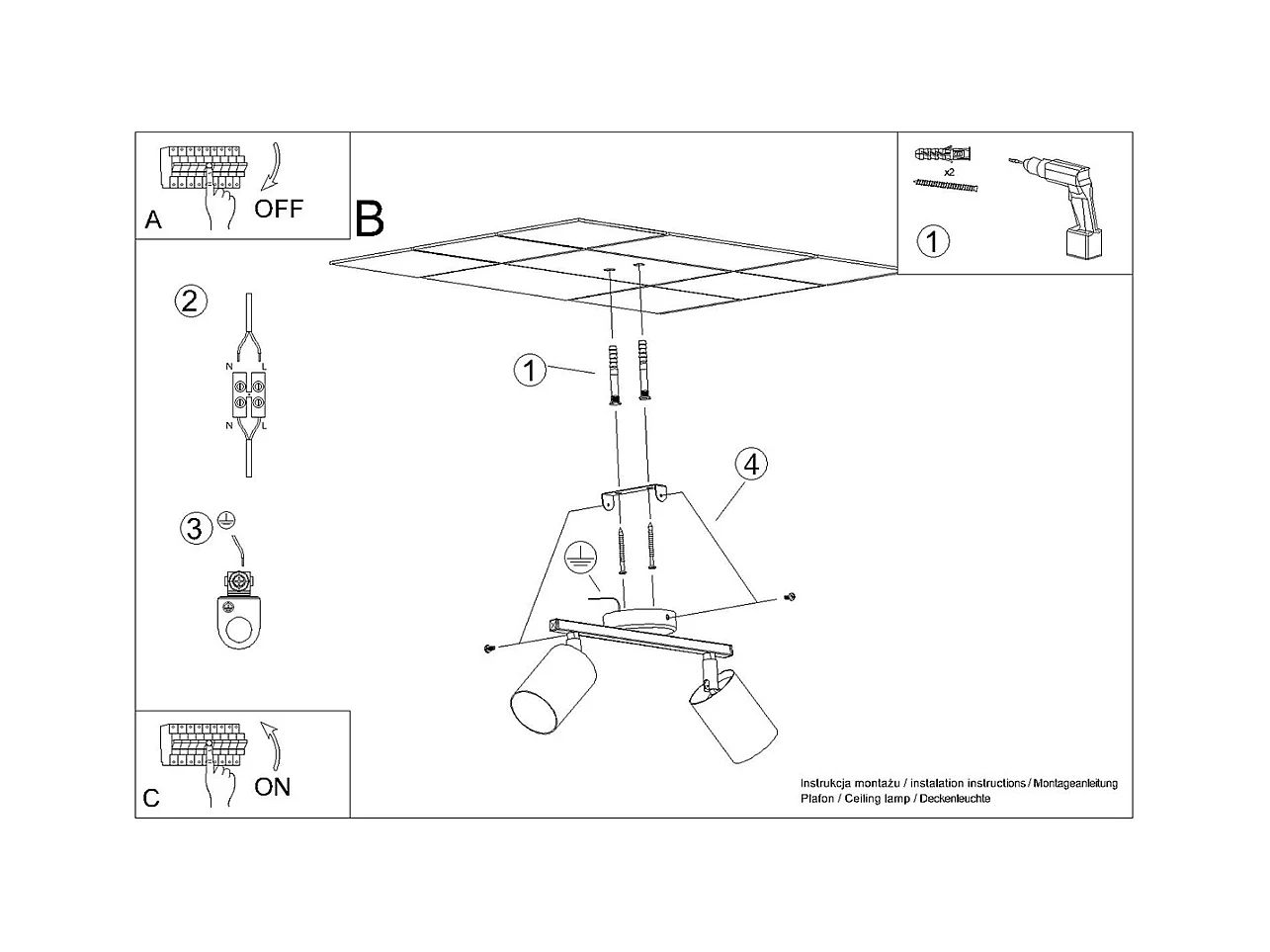 Plafondlampen Torim minimalistisch van  - 2 lichtbronnen 3000K - L.26 x H.20 cm - zwart