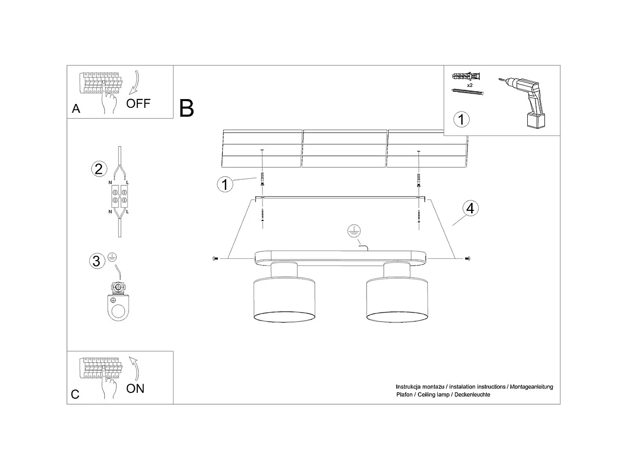Plafondlampen Zavros modern van  - 2 lichtbronnen 3000K - L.34 x H.13 cm - zwart