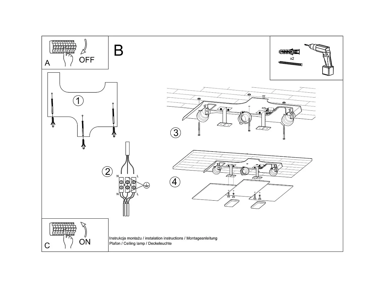 Plafonniers Fabulario moderne en acier/verre - 3 sources lumineuses 3000K - L.40 x H.7 cm - chromé/blanc