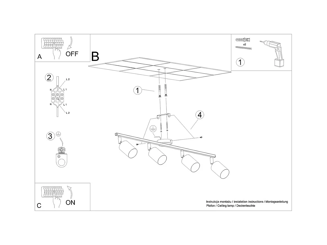 Plafondlampen Torim modern van  - 4 lichtbronnen 3000K - L.100 x H.20 cm - zwart