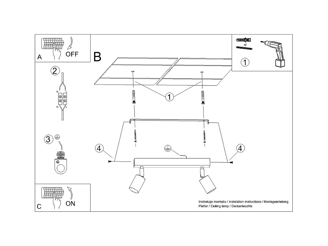 Plafondlampen Glois modern van  - 2 lichtbronnen 4000K - L.30 x H.18,5 cm - zwart/koper