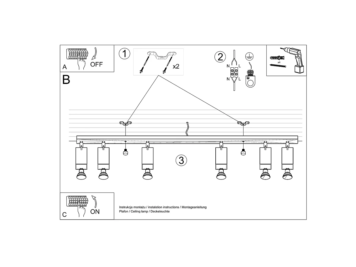 Luminárias de teto Briow moderno, aço - 6 fontes de luz 3000K - L.118 x H.16 cm - branco