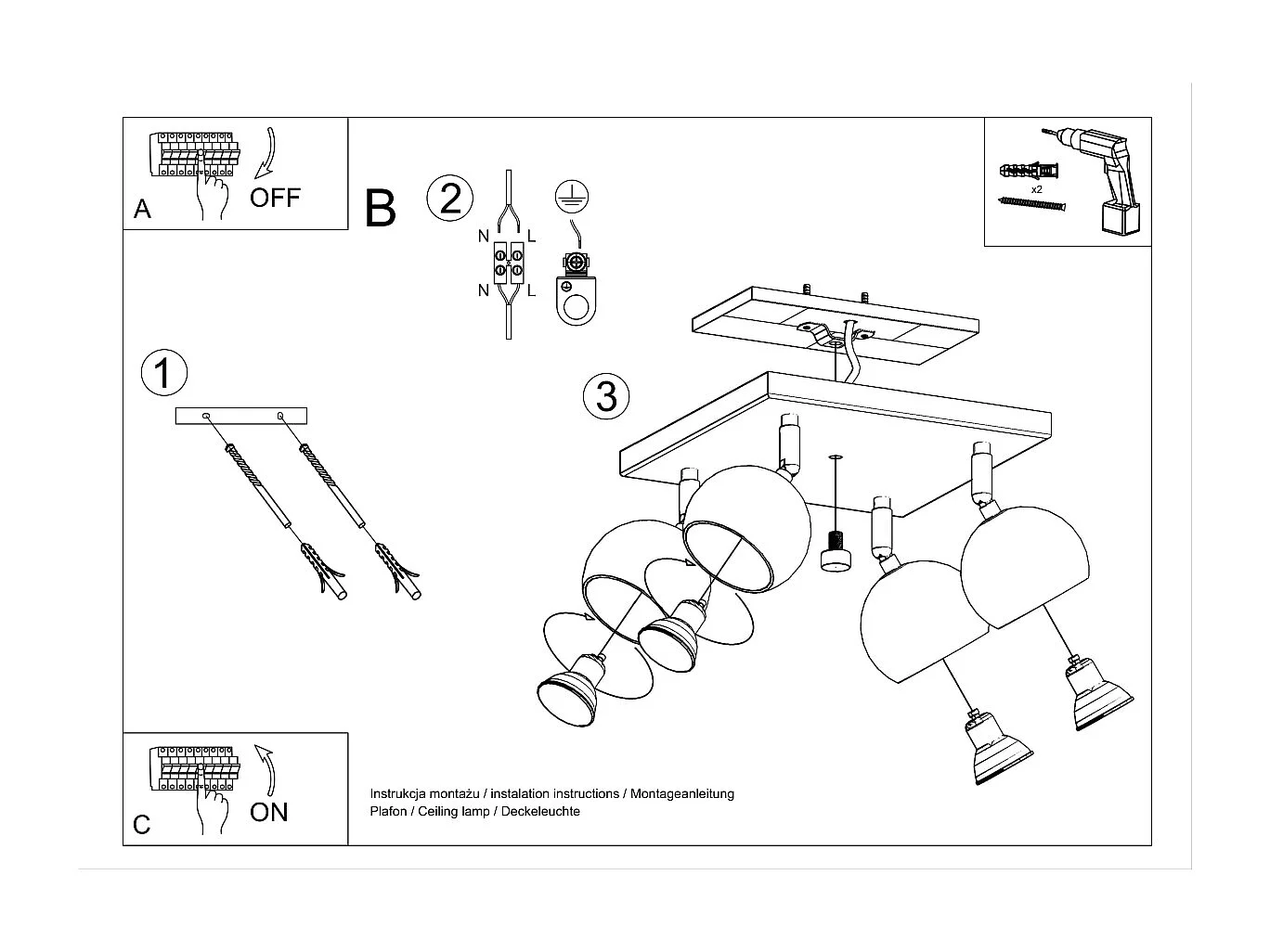 Plafonniers Rayis moderne en acier - 4 sources lumineuses 3000K - L.25 x H.16 cm - blanc