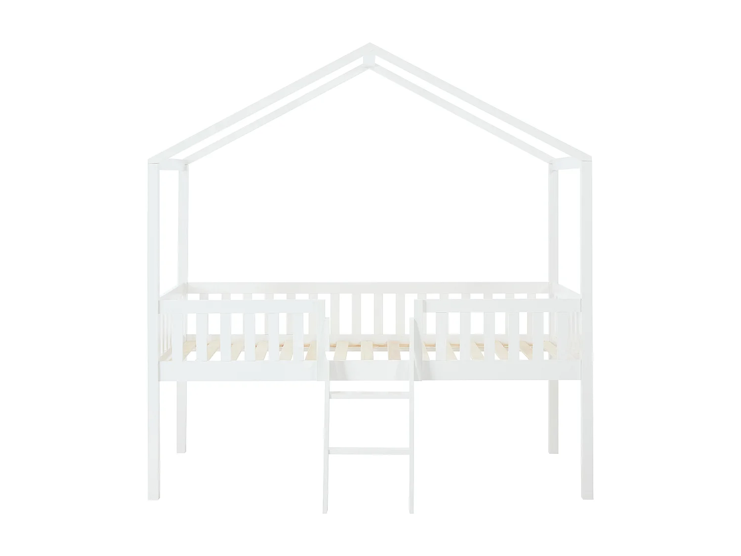 Lit cabane mi-hauteur 90 x 190 cm - Pin - Blanc + Matelas - NALENY