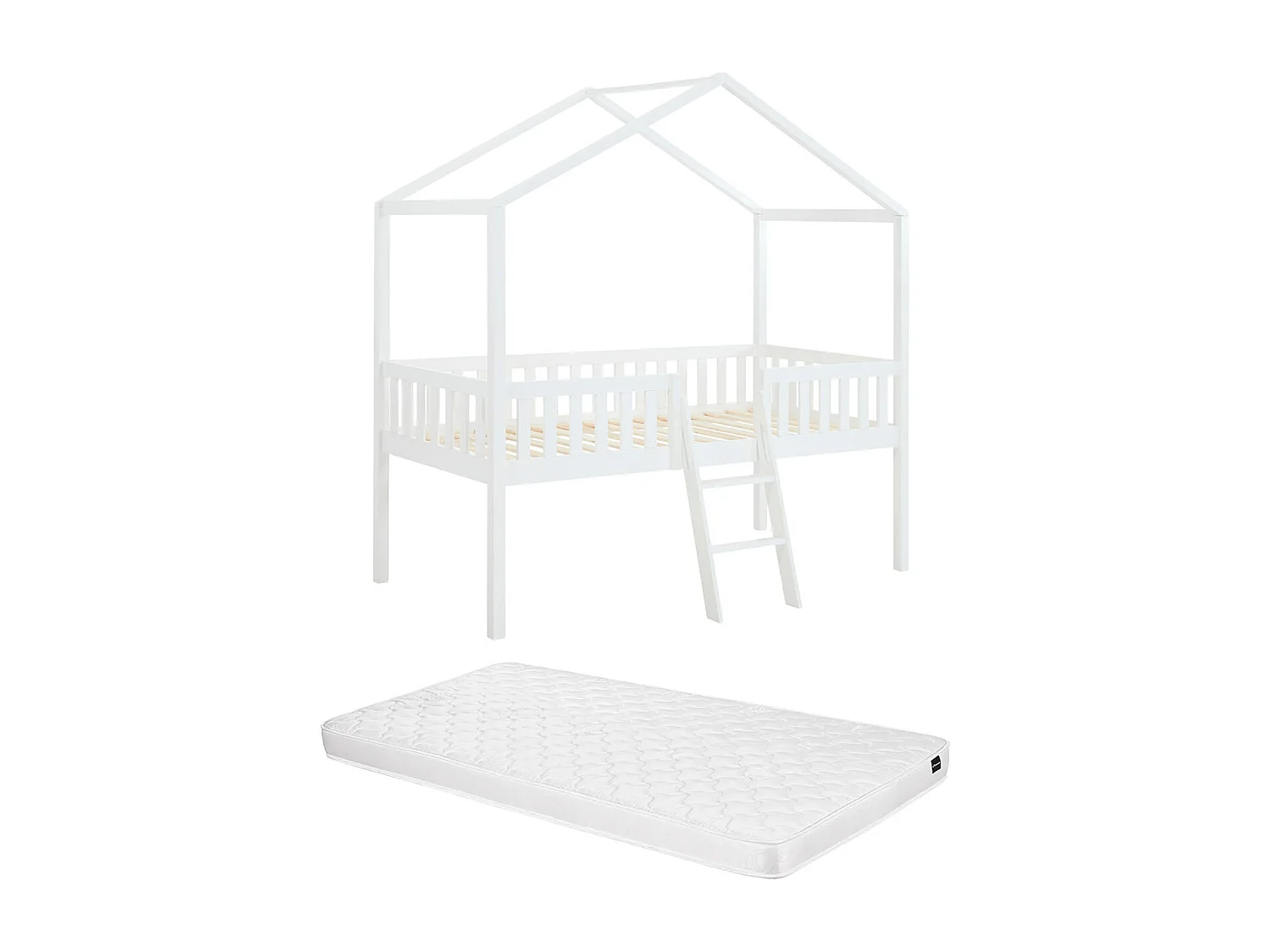 Lit cabane mi-hauteur 90 x 190 cm - Pin - Blanc + Matelas - NALENY
