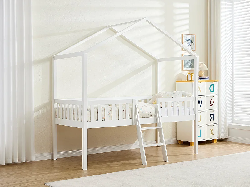 Lit cabane mi-hauteur 90 x 190 cm - Pin - Blanc + Matelas - NALENY