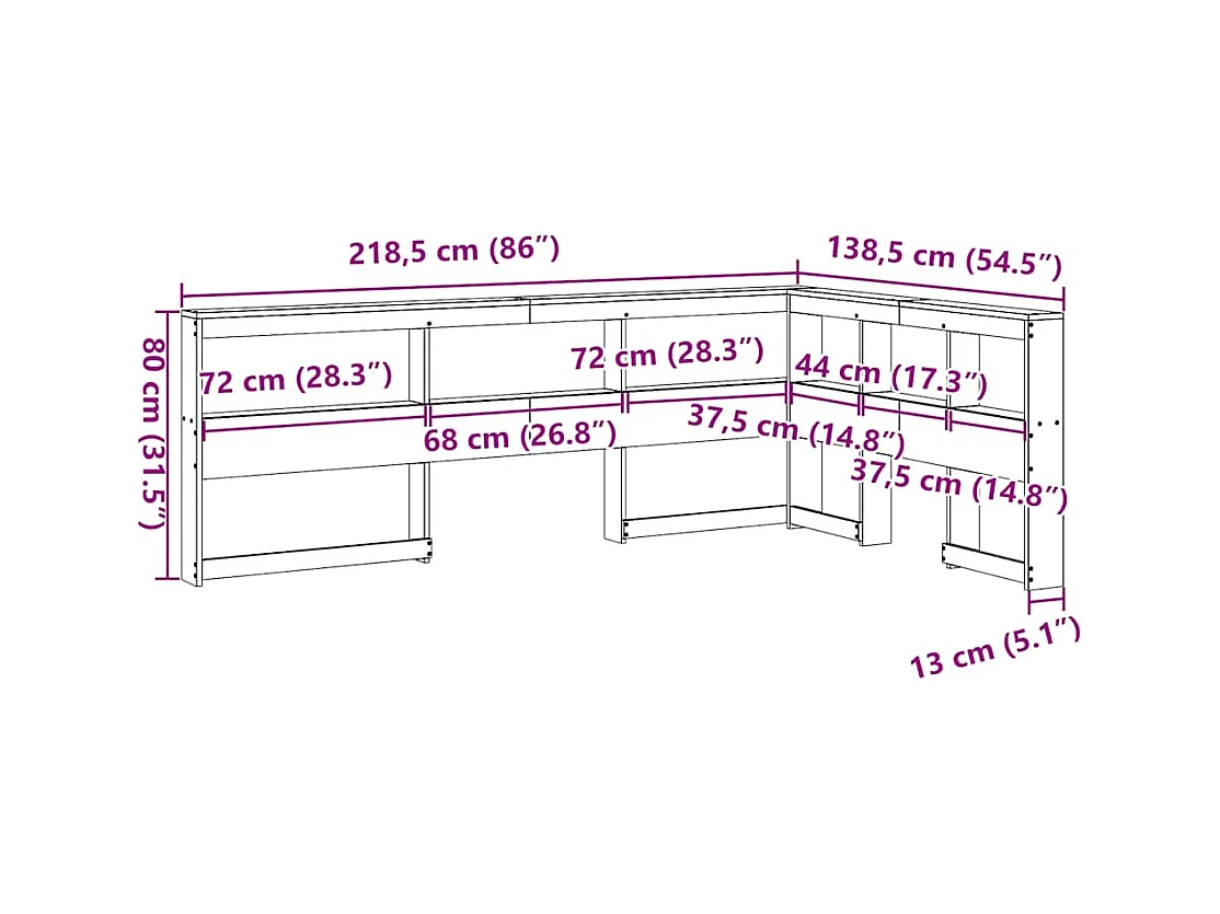 Tête de lit de bibliothèque en forme de L bois massif de pin