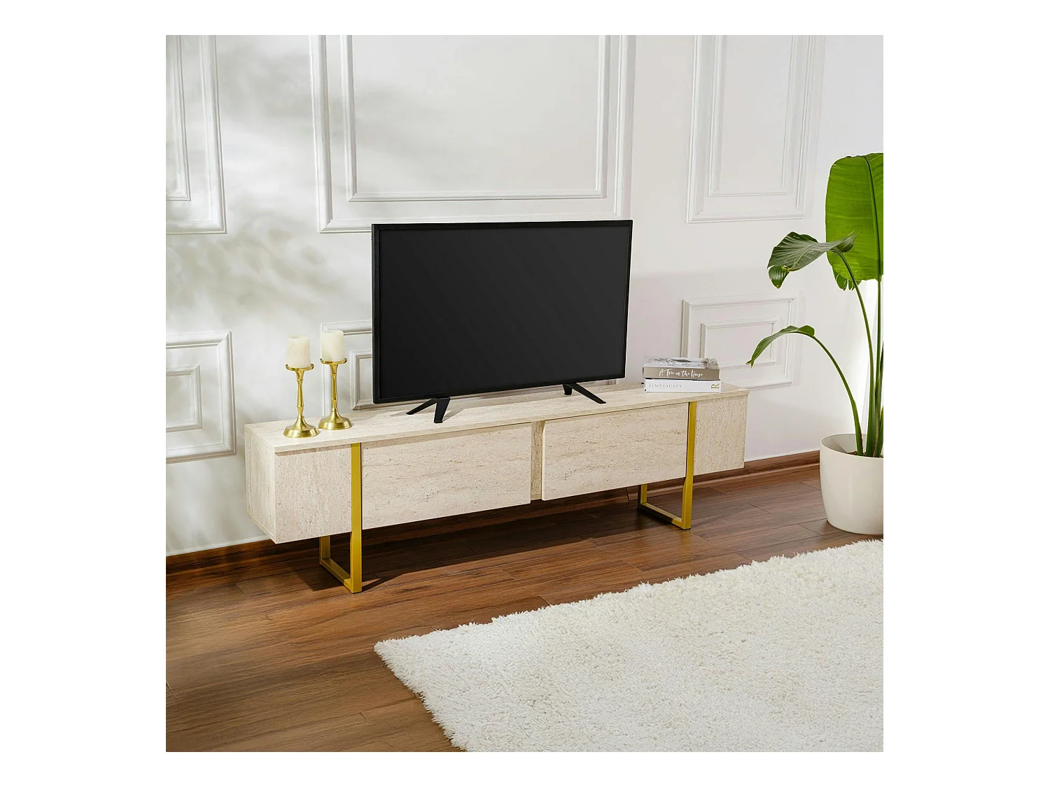 Meuble TV avec rangement - effet travertin, pieds dorés JENA