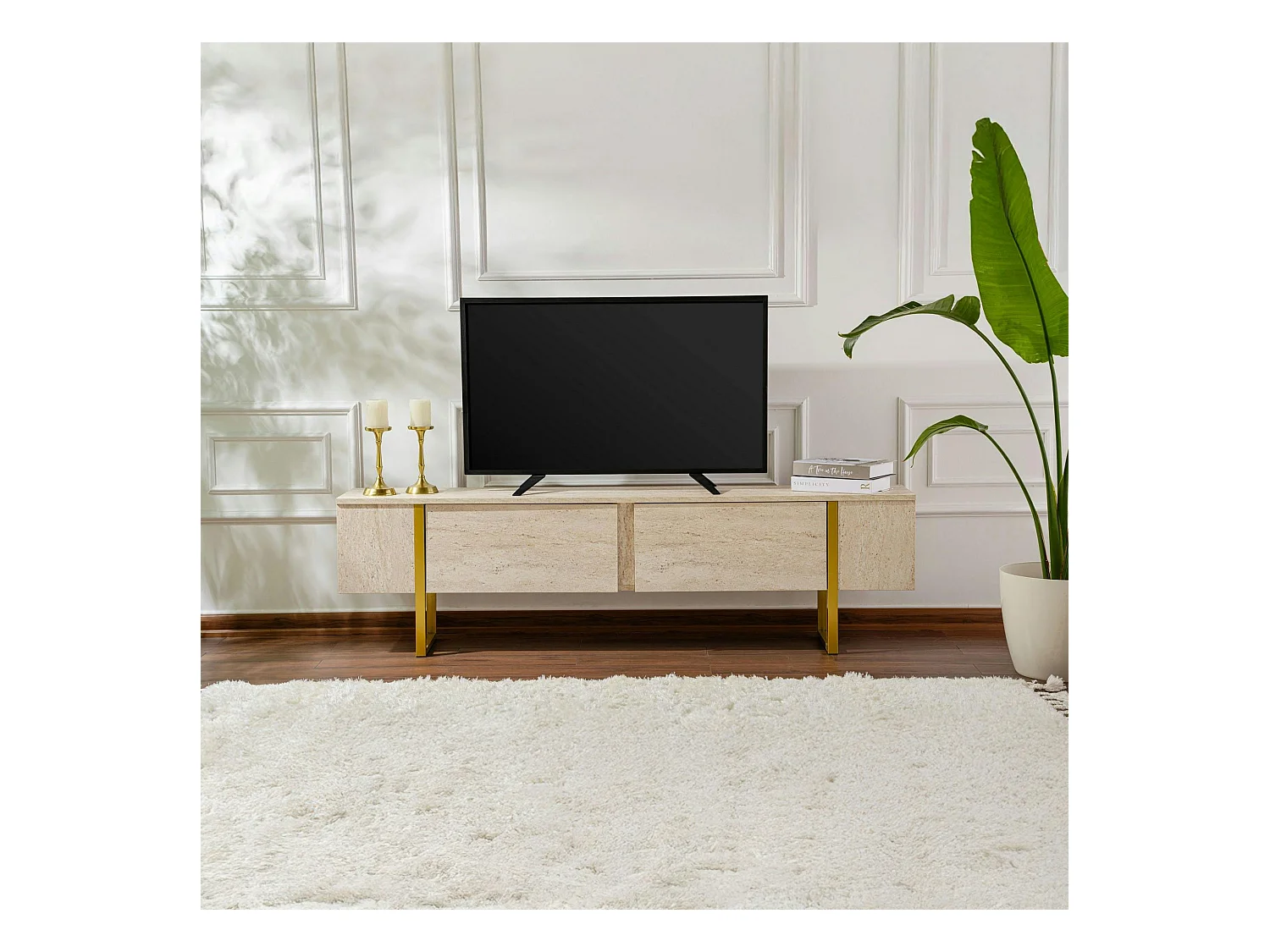 Meuble TV avec rangement - effet travertin, pieds dorés JENA