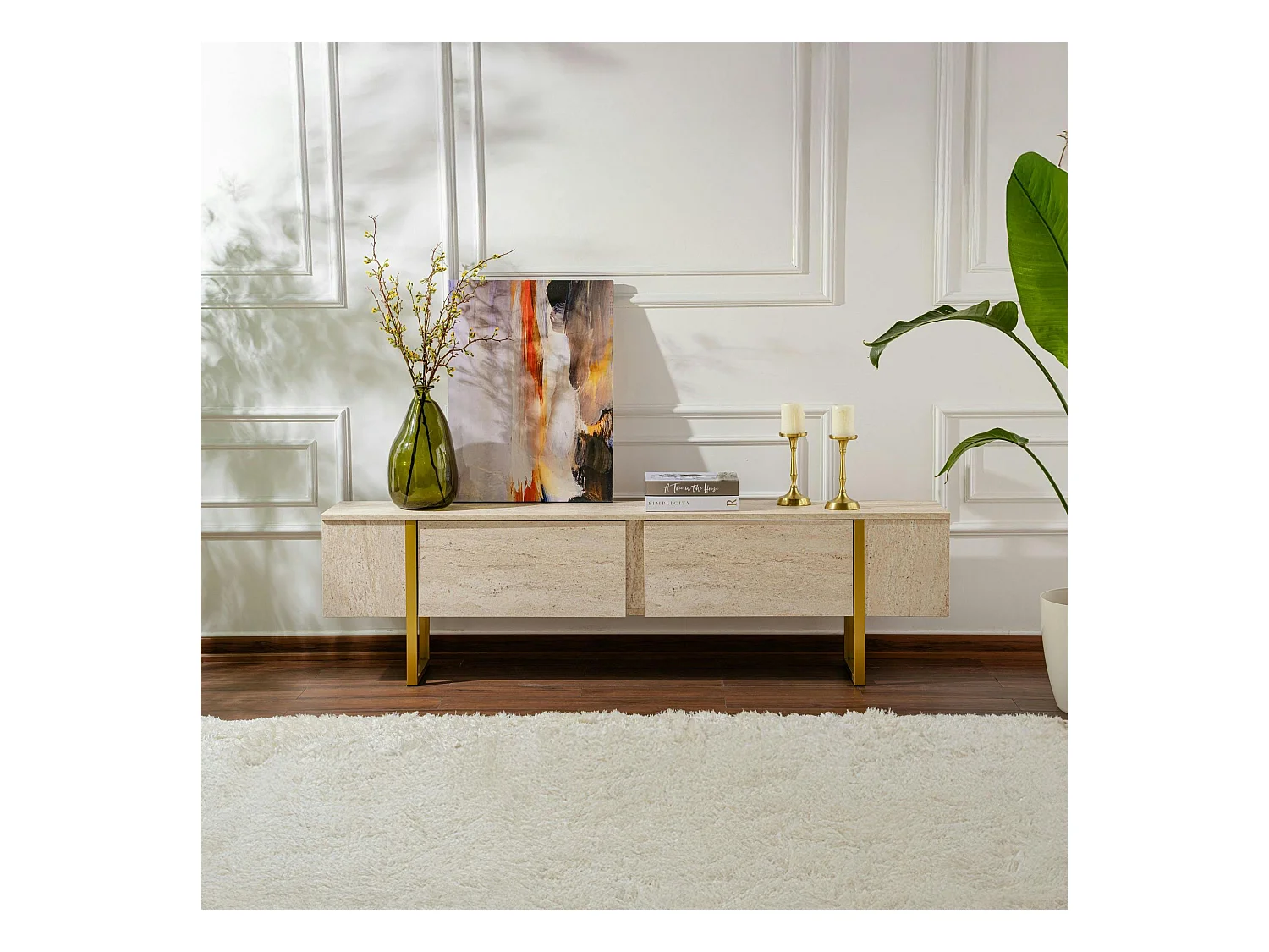 Meuble TV avec rangement - effet travertin, pieds dorés JENA