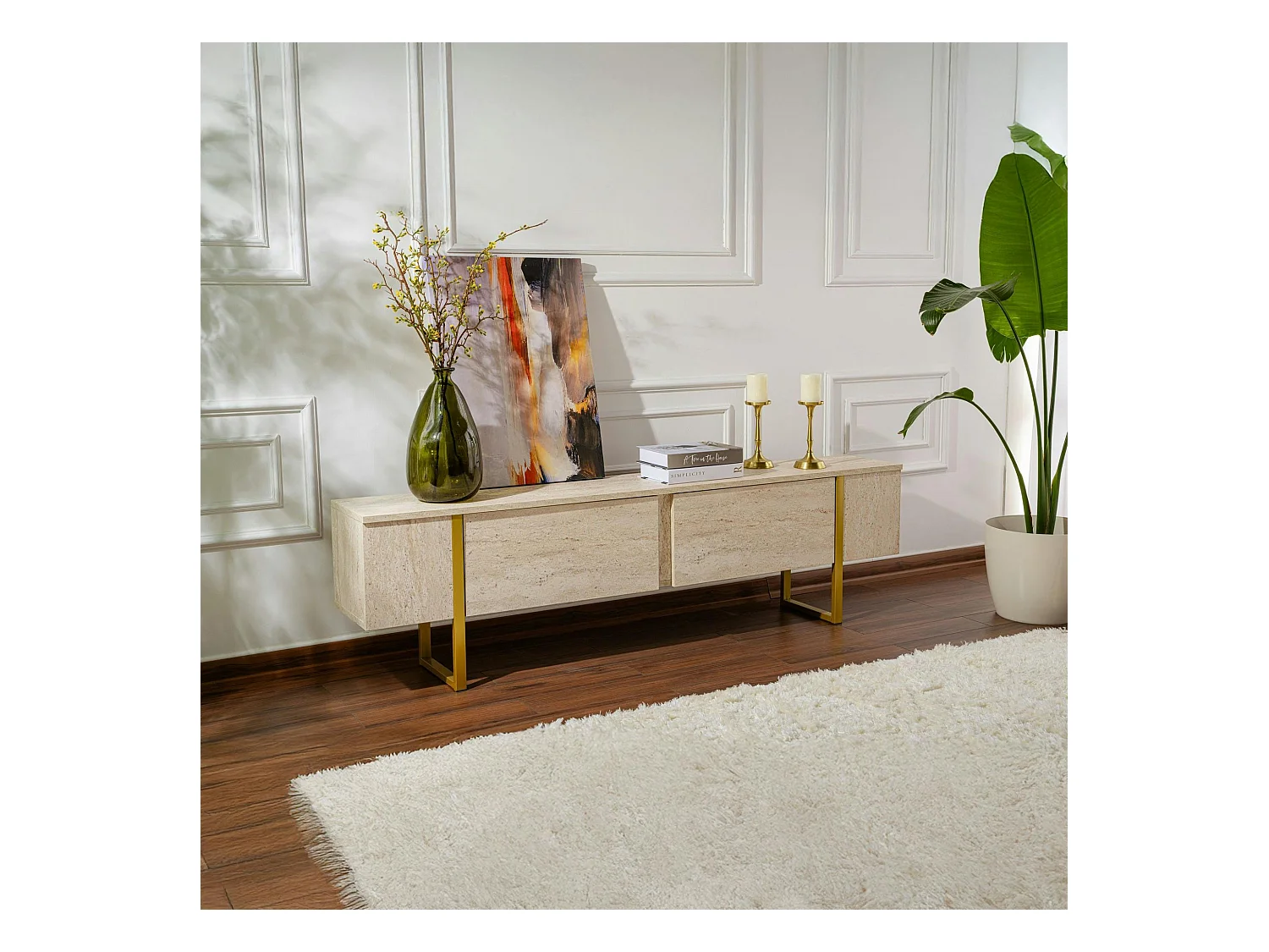 Meuble TV avec rangement - effet travertin, pieds dorés JENA