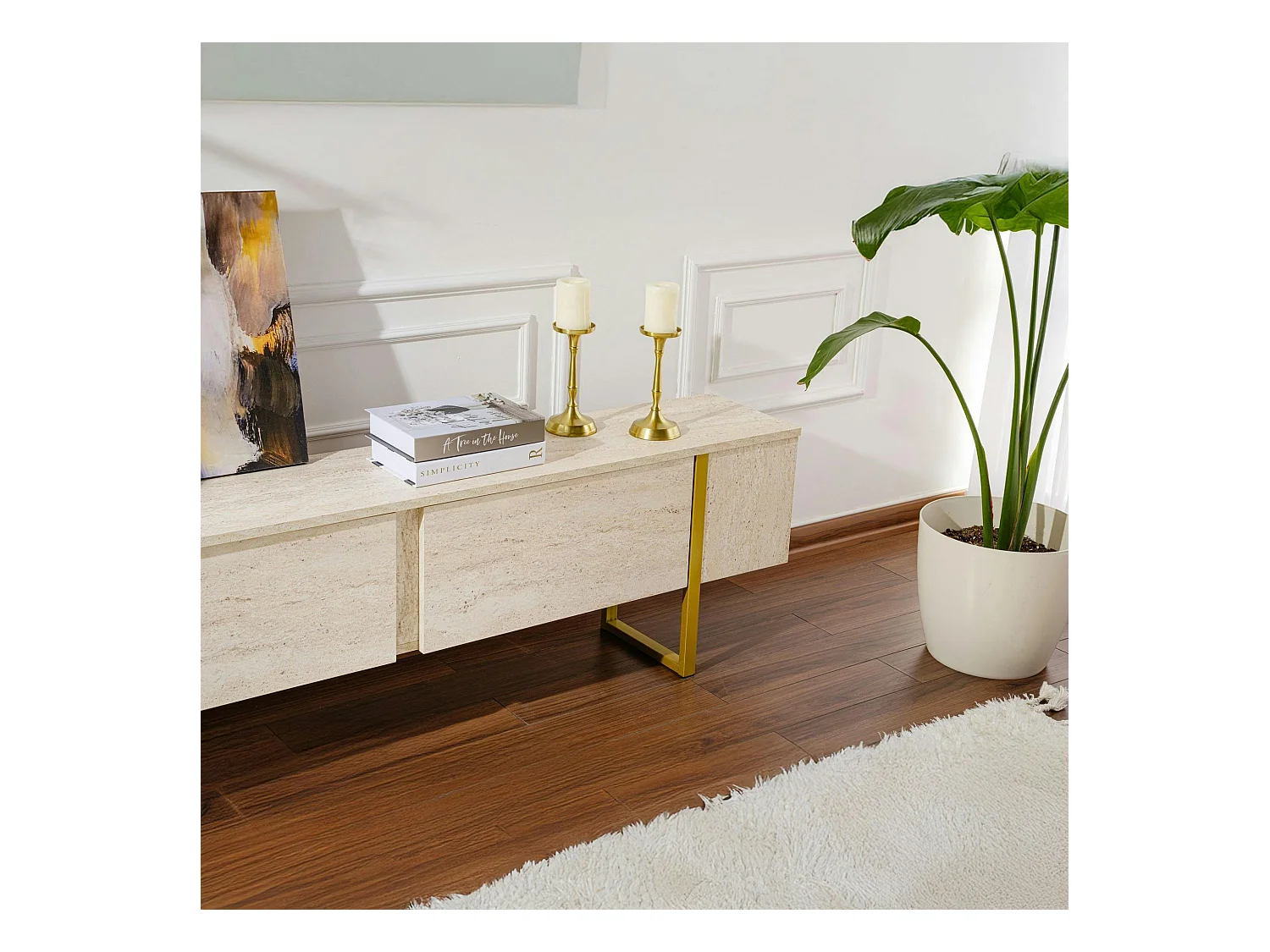 Meuble TV avec rangement - effet travertin, pieds dorés JENA