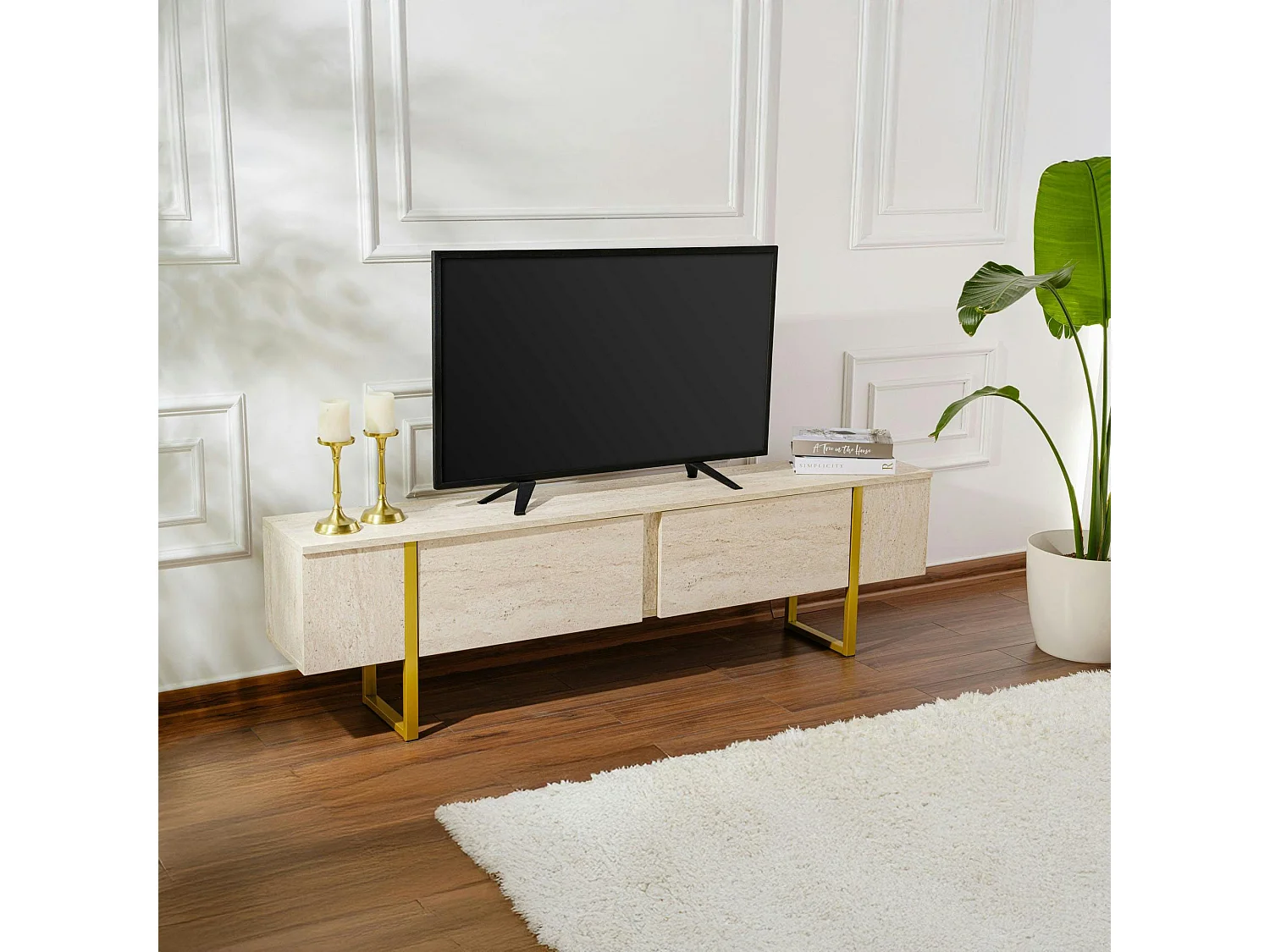 Meuble TV avec rangement - effet travertin, pieds dorés JENA