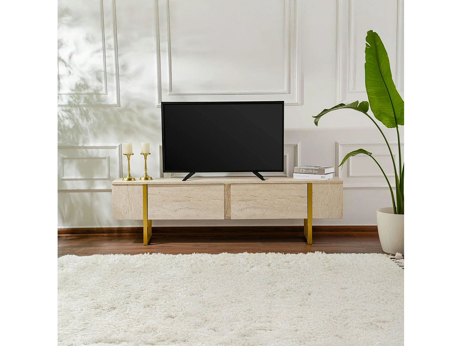 Meuble TV avec rangement - effet travertin, pieds dorés JENA