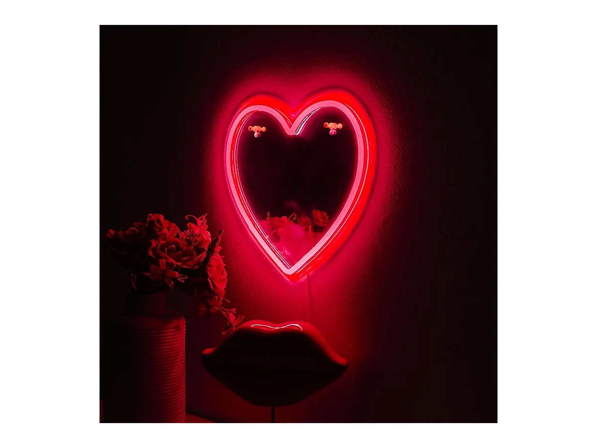 Miroir lumineux cœur rouge style néon avec port USB