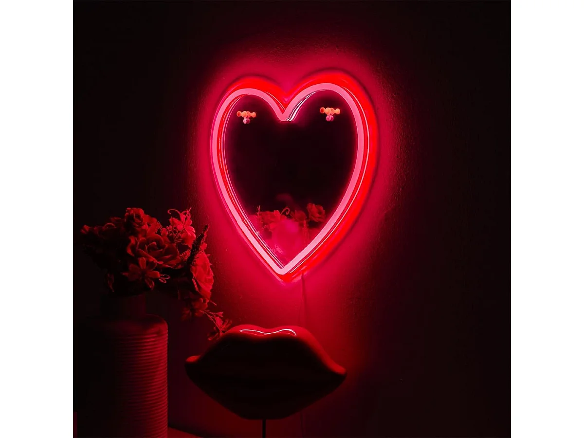 Miroir lumineux cœur rouge style néon avec port USB