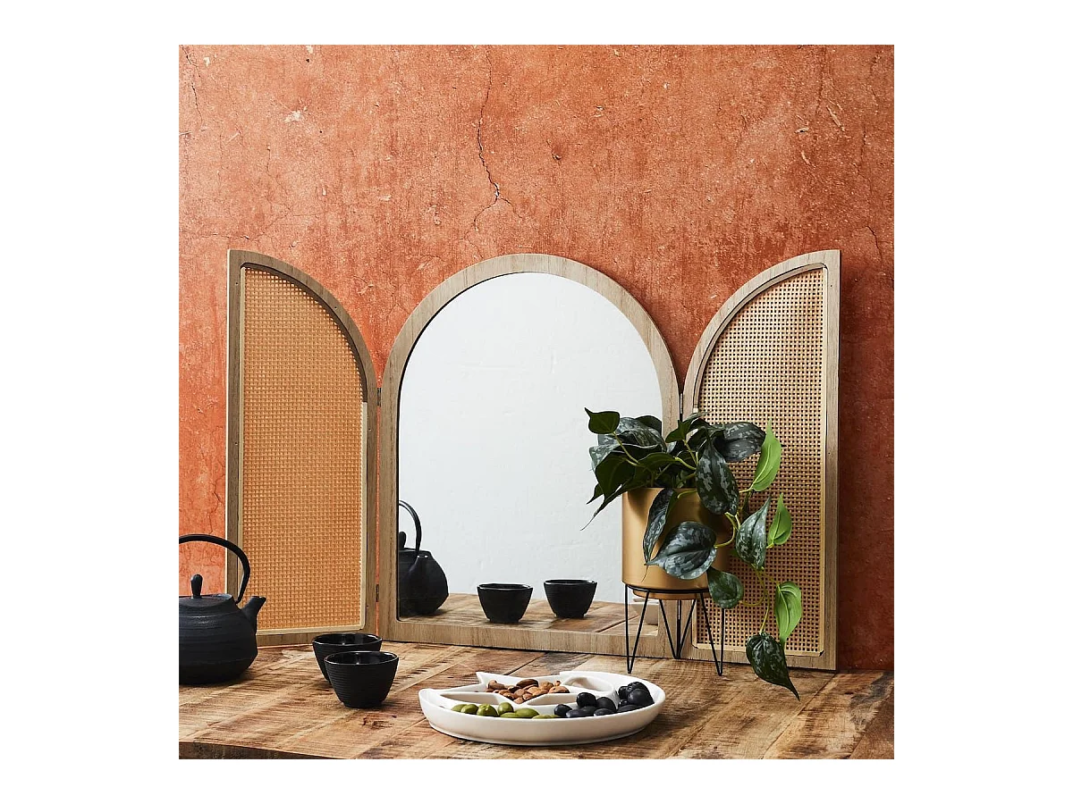 Miroir à volet effet bois et façades en rotin - MAYA