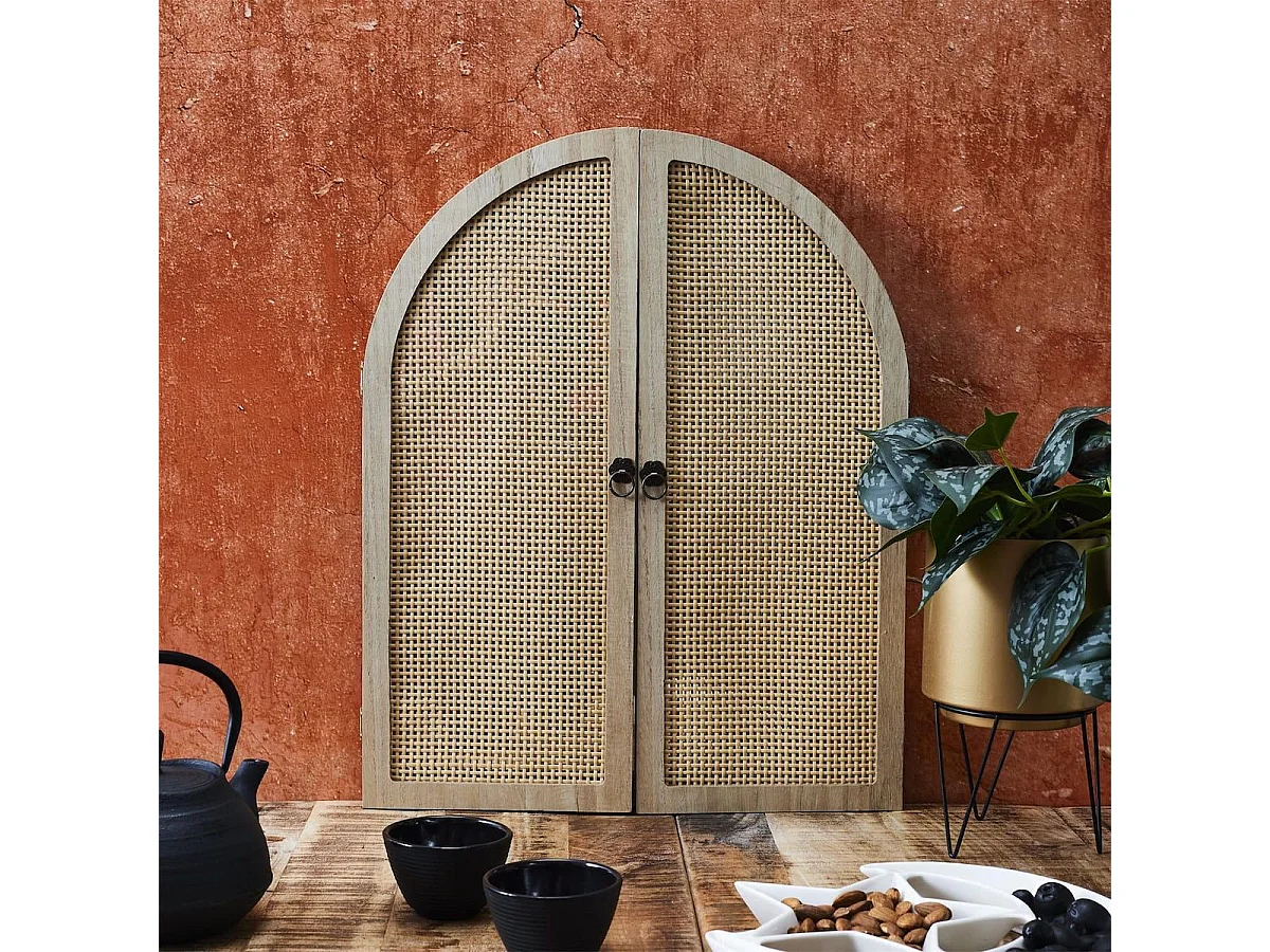 Miroir à volet effet bois et façades en rotin - MAYA