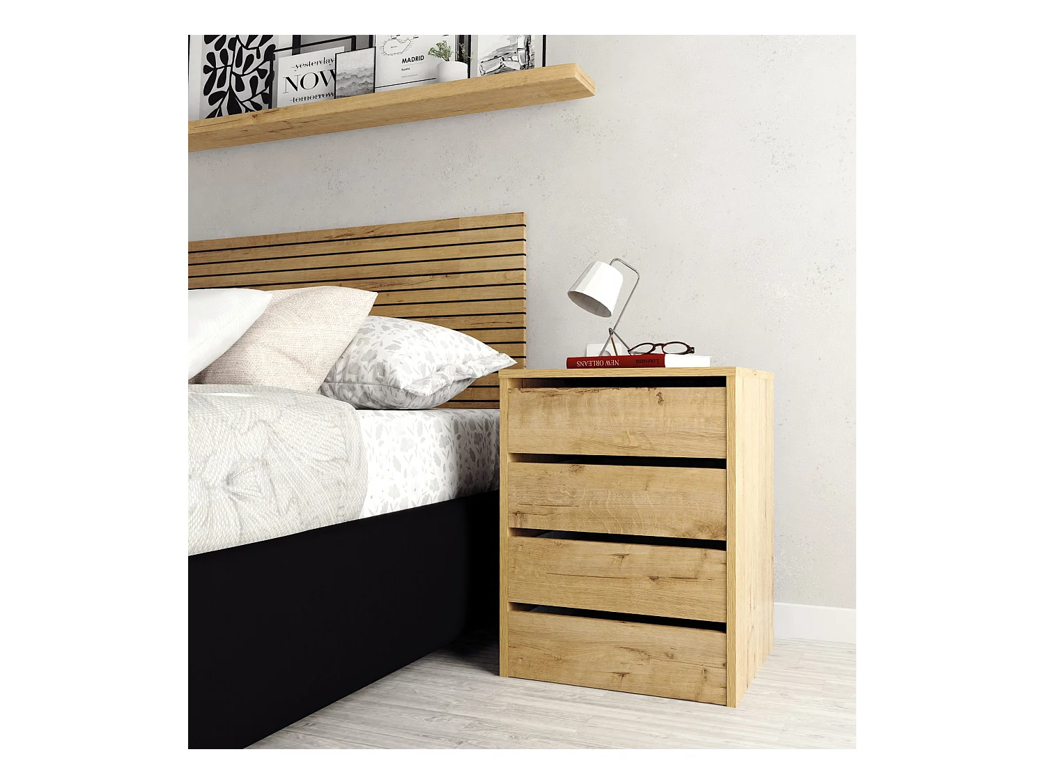 Table de nuit, table de chevet de 4 tiroirs, commode de chambre coloris Chêne doré - Longueur 46 x Profondeur 45 x Hauteur 63,5 cm