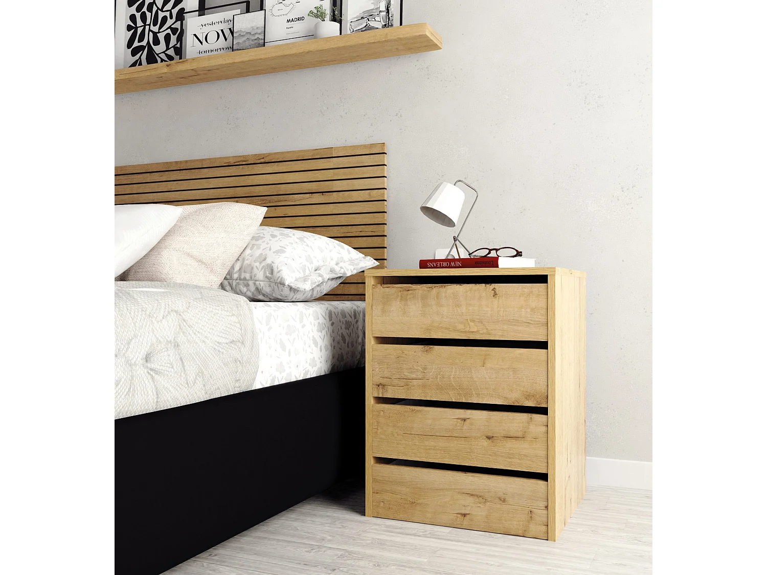 Table de nuit, table de chevet de 4 tiroirs, commode de chambre coloris Chêne doré - Longueur 46 x Profondeur 45 x Hauteur 63,5 cm