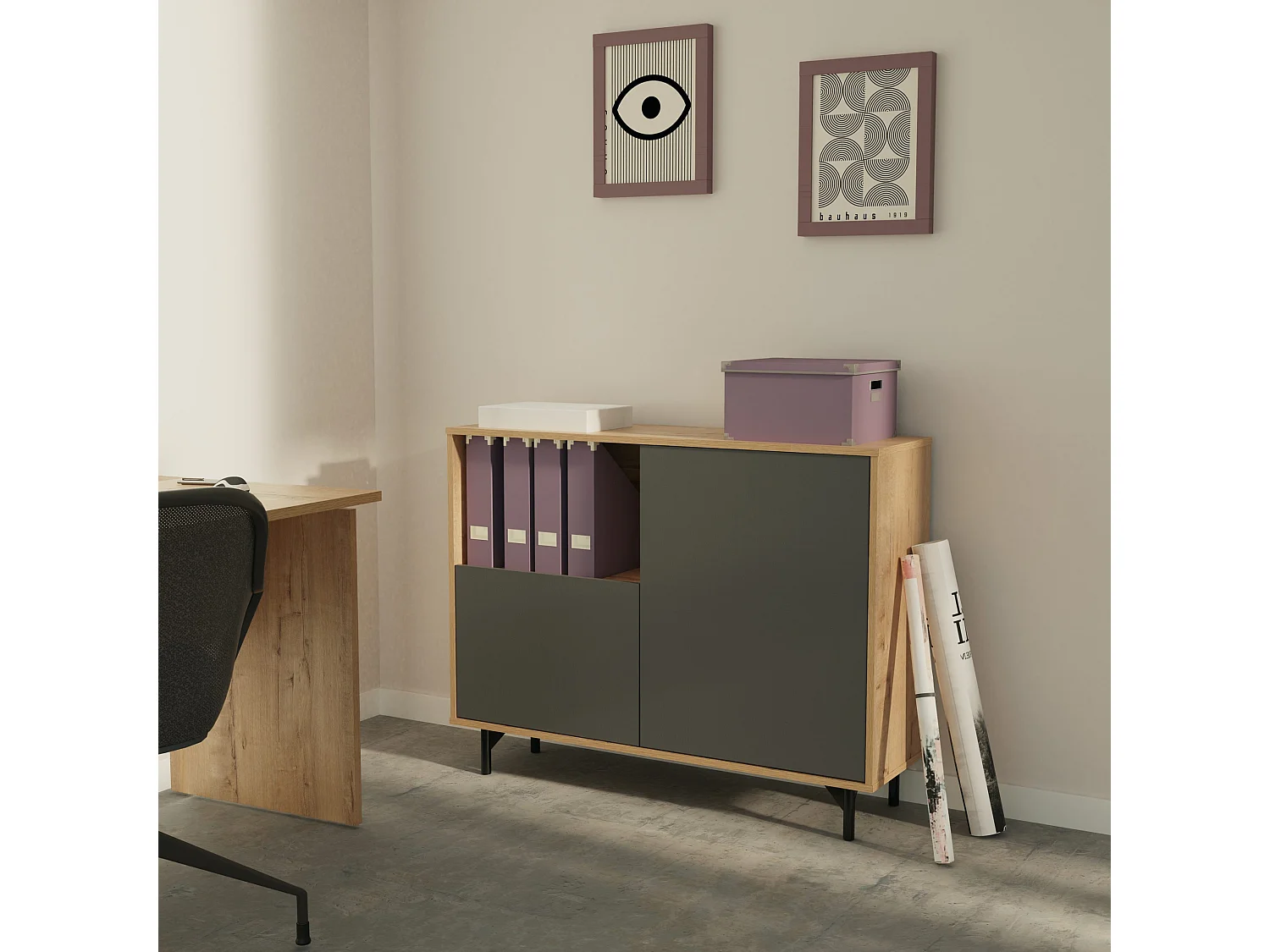 Buffet commode meuble de rangement coloris Gris/Chêne doré - Longueur 112 x Profondeur 33 x Hauteur 86 cm