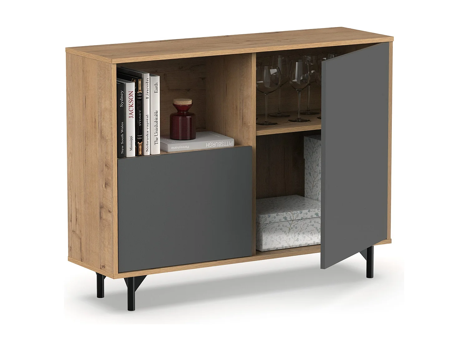 Buffet commode meuble de rangement coloris Gris/Chêne doré - Longueur 112 x Profondeur 33 x Hauteur 86 cm