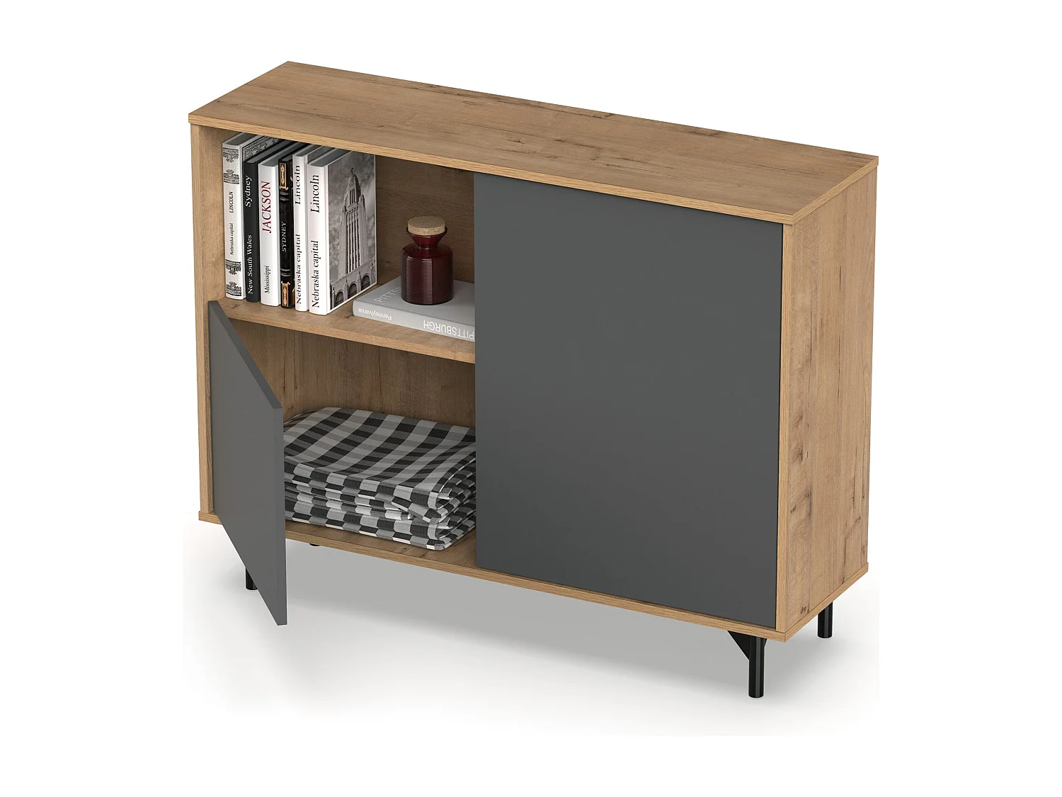 Buffet commode meuble de rangement coloris Gris/Chêne doré - Longueur 112 x Profondeur 33 x Hauteur 86 cm