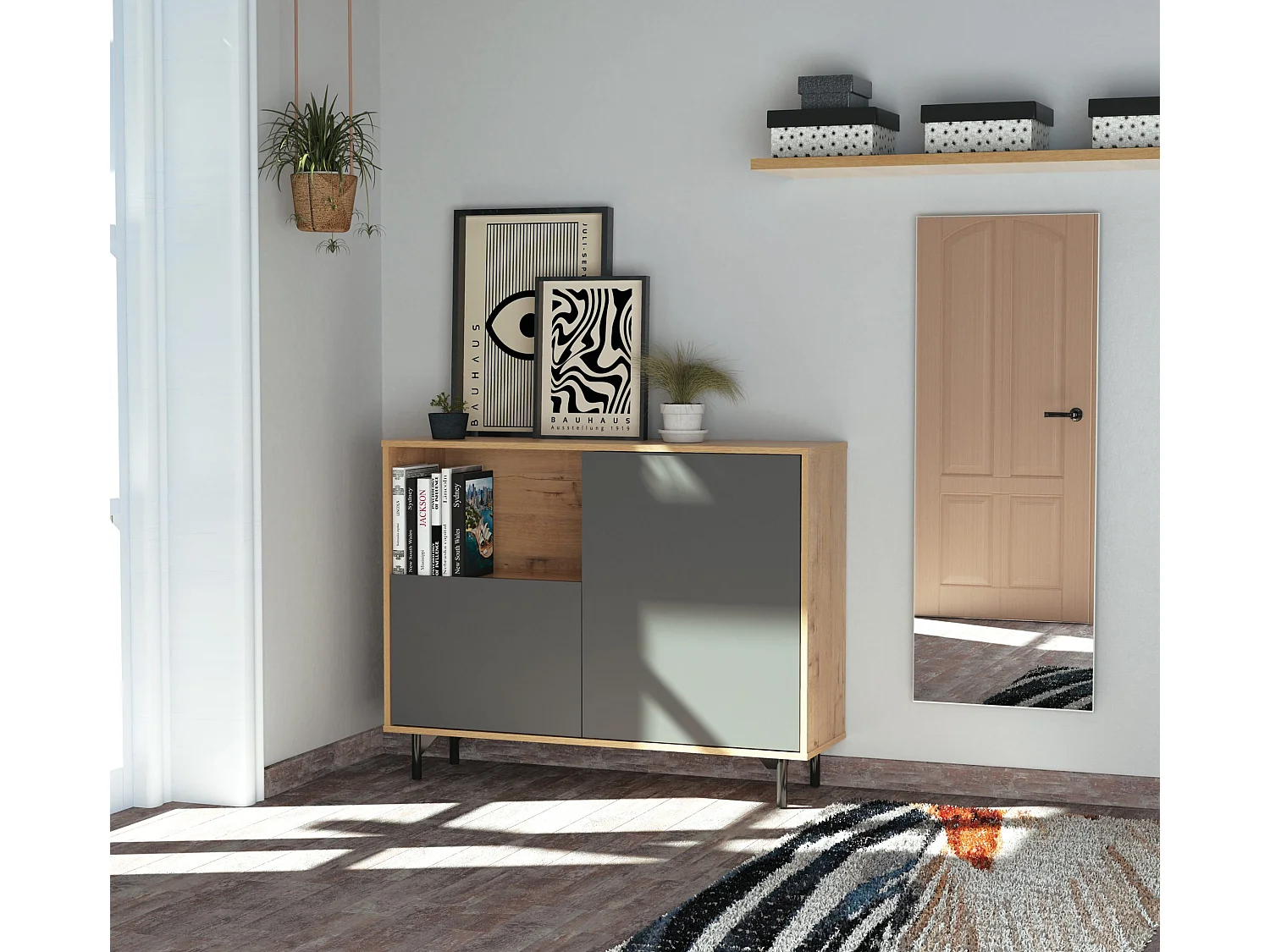 Buffet commode meuble de rangement coloris Gris/Chêne doré - Longueur 112 x Profondeur 33 x Hauteur 86 cm