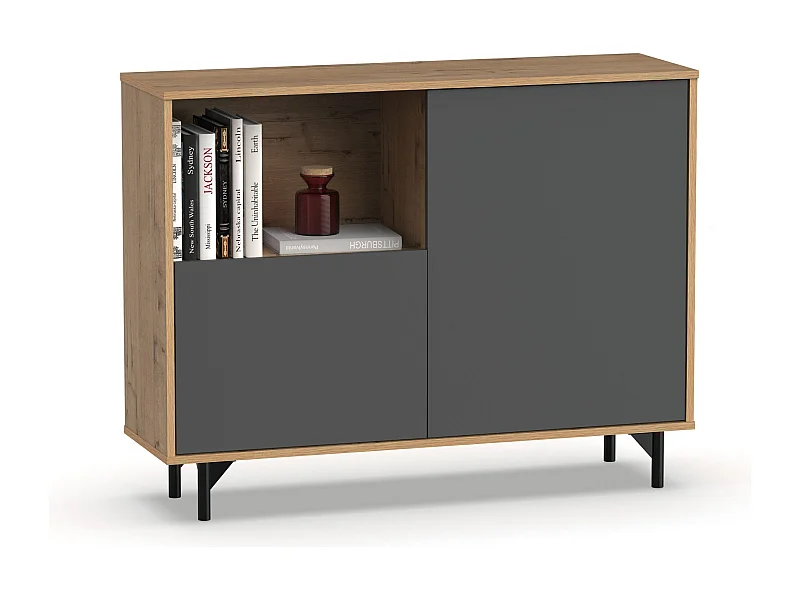 Buffet commode meuble de rangement coloris Gris/Chêne doré - Longueur 112 x Profondeur 33 x Hauteur 86 cm