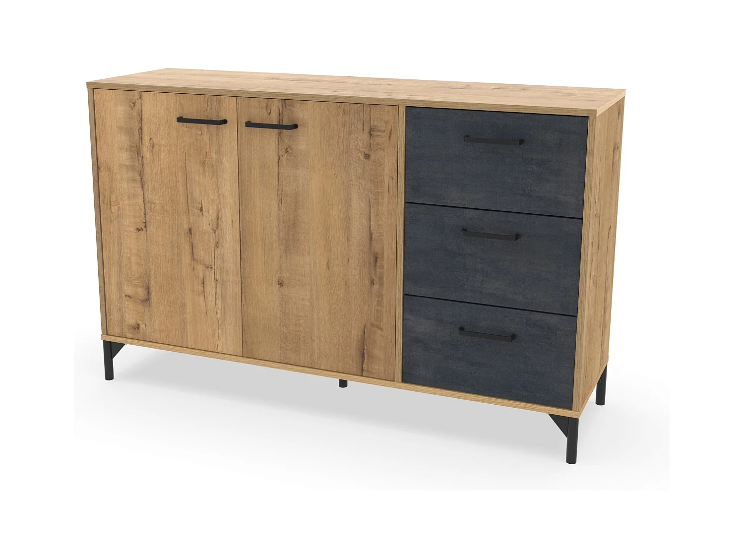 Buffet commode meuble de rangement coloris chêne doré/effet marbre noir - Longueur 135 x Profondeur 40 x Hauteur 85 cm
