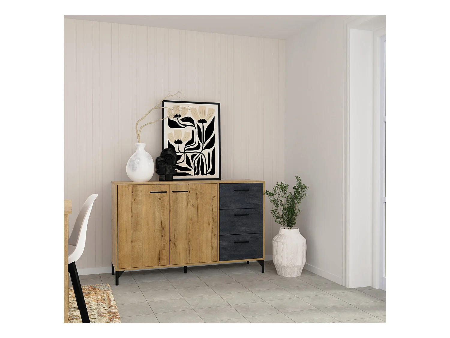 Buffet commode meuble de rangement coloris chêne doré/effet marbre noir - Longueur 135 x Profondeur 40 x Hauteur 85 cm