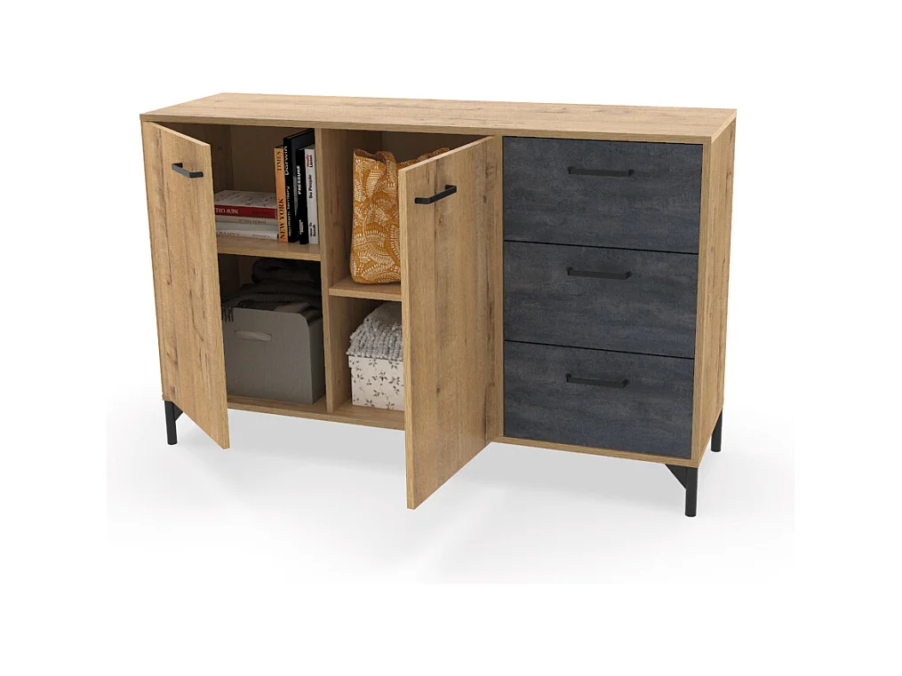 Buffet commode meuble de rangement coloris chêne doré/effet marbre noir - Longueur 135 x Profondeur 40 x Hauteur 85 cm
