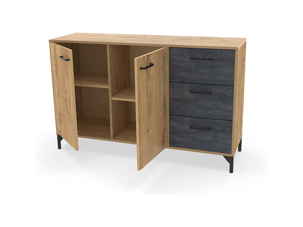 Buffet commode meuble de rangement coloris chêne doré/effet marbre noir - Longueur 135 x Profondeur 40 x Hauteur 85 cm