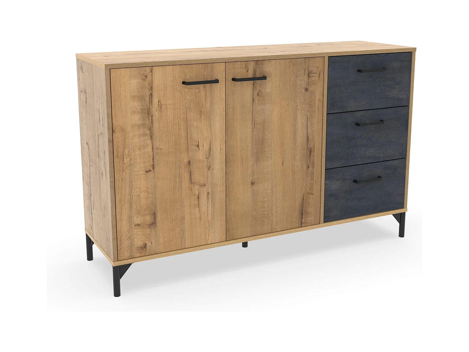 Buffet commode meuble de rangement coloris chêne doré/effet marbre noir - Longueur 135 x Profondeur 40 x Hauteur 85 cm